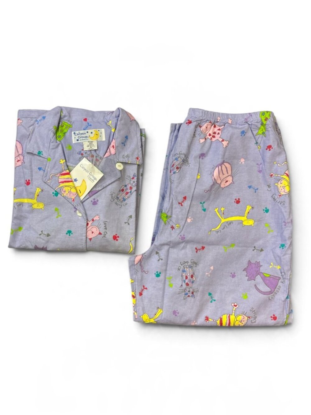 VTG 90s Canyon Group Pajamas Set Purple Whimsical Cat Cotton 2 Piece PJs Sz 3X
